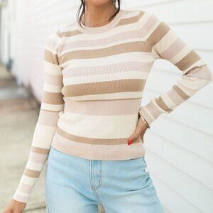 Pink Lily Striped Crewneck‎ Sweater M Rib Knit Pink Cream